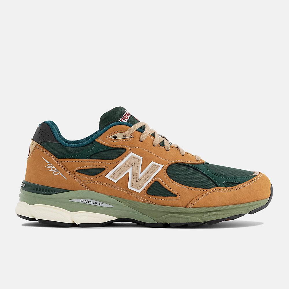 New Balance Made in USA 990v3 Shoes Tan with Green